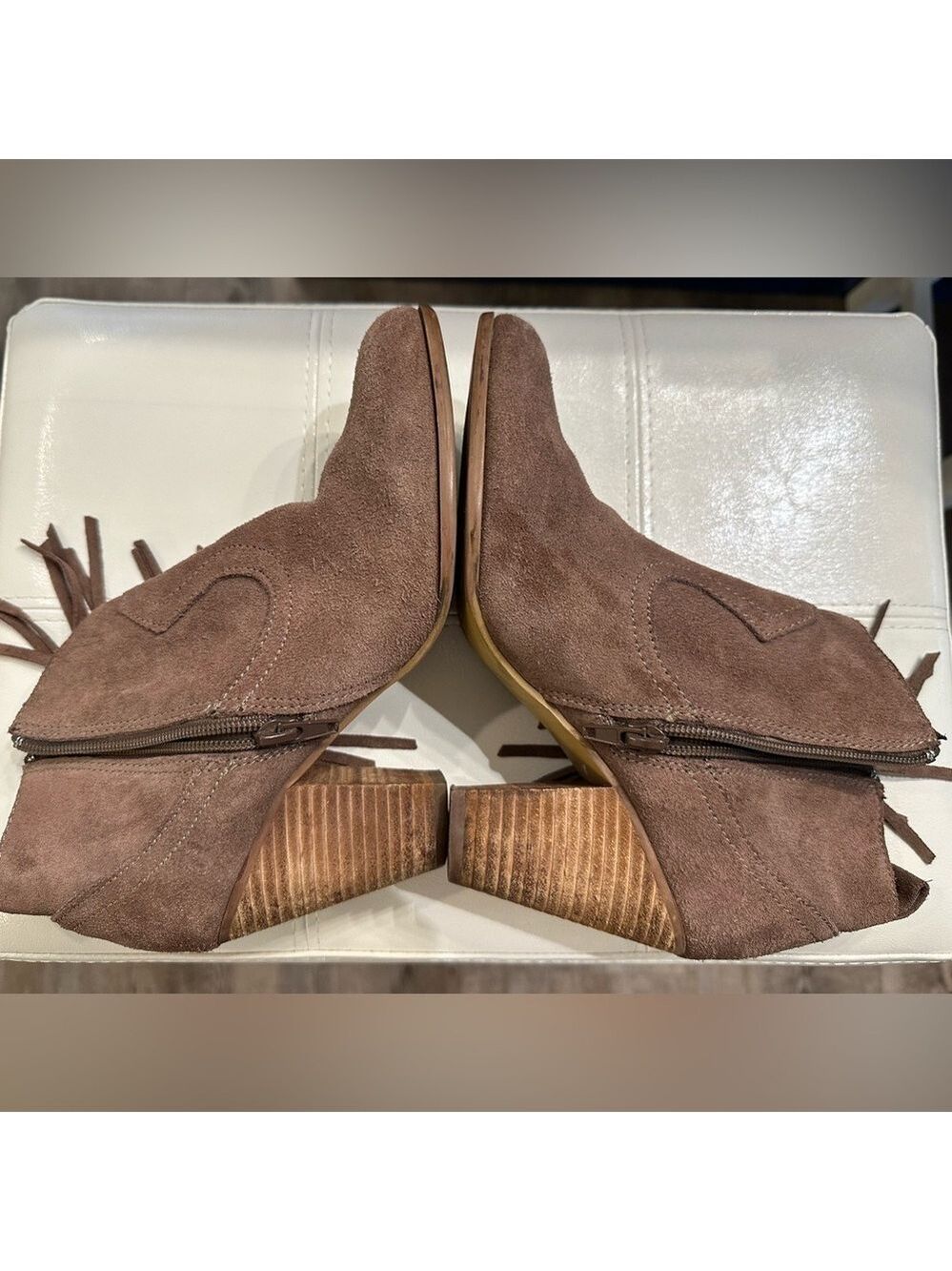 STEVE MADDEN Tan Fringed heeled ankle booties suede leather western size 7.5 - Picture 13 of 16